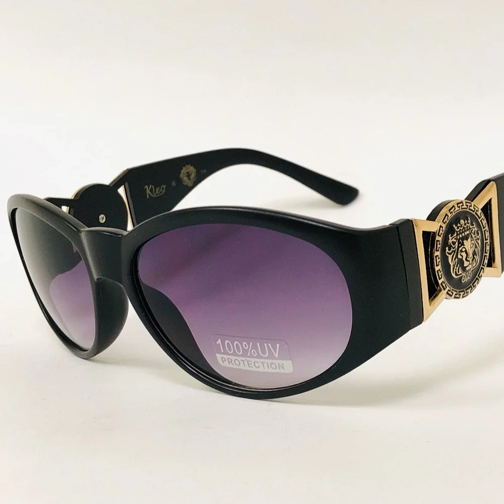 Kleo Sunglasses Black Lens Gold Accent Oval Frame‎ Fashion Shades Trendy Classic